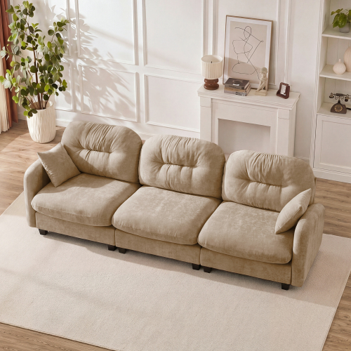 Camel Chenille 3-Seat Modular Sectional Sofa with Quilted Pleats