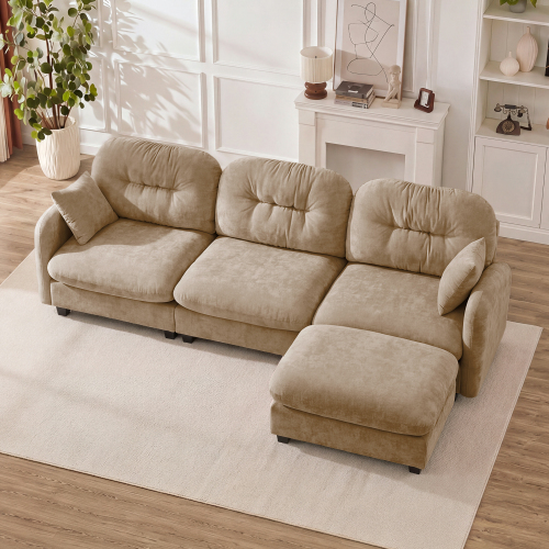 Camel 3-Seat Chenille Modular L-Shaped Sectional with Ottoman