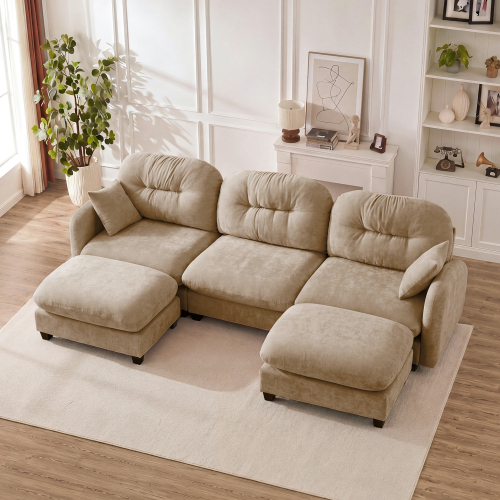 Camel 3-Seat Modular U-Shaped Chenille Sectional Sofa with Ottoman