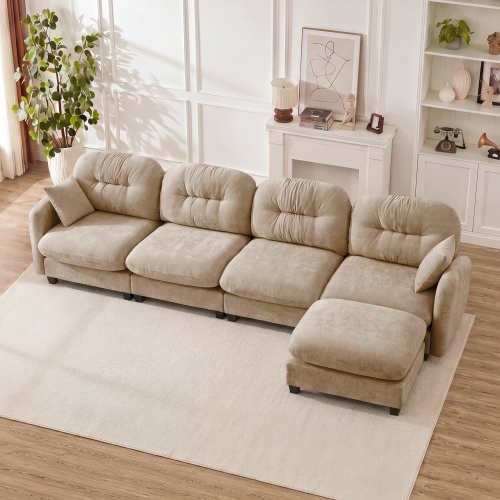 Camel 4-Seat Chenille Modular L-Shaped Sectional Sofa with Ottoman