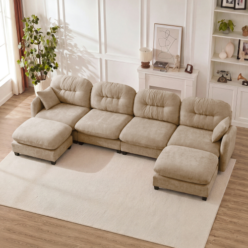 Camel 4-Seat Chenille U-Shaped Modular Sectional with Ottoman