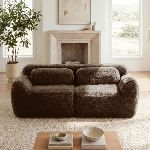 Chocolate 2-Seat Modular Sectional Sofa in Soft Plush Fabric