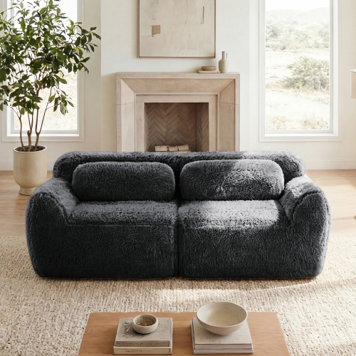 Dark Grey 2-Seat Modular Sofa with Plush Fabric and Throw Pillows
