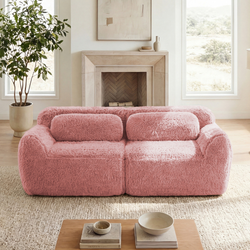 Pink 2-Seat Modular Sectional Sofa with Soft Plush Fabric and Pillows
