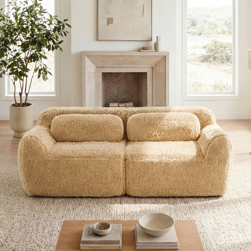 Light Khaki 2-Seat Plush Modular Sectional Sofa with Throw Pillows