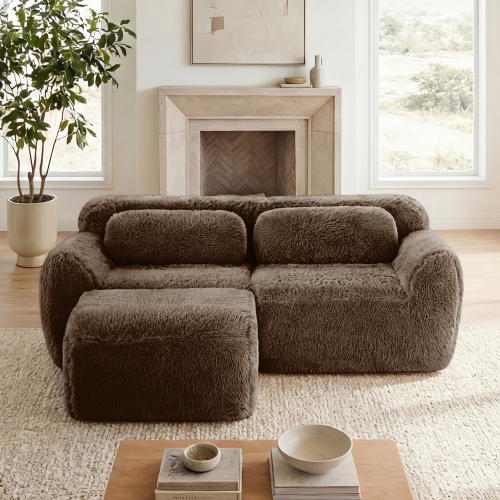 Chocolate L-Shaped 2-Seat Plush Sofa with Chaise and Throw Pillows