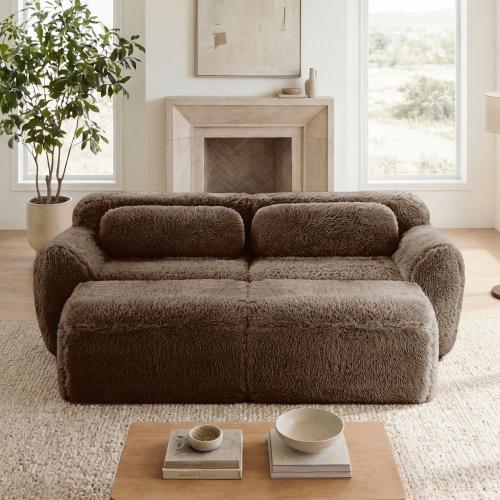 80-Inch Chocolate Plush Boneless Sofa with Chaise, 2-Seat Design