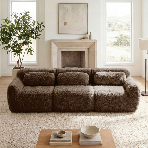 114-Inch Chocolate Plush 3-Seat Modular Sectional Sofa with Pillows