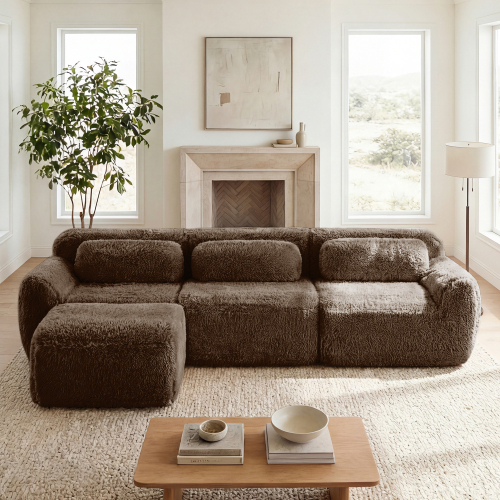 Chocolate L-Shaped Plush Boneless Sofa, 3-Seat with Ottoman & Pillows