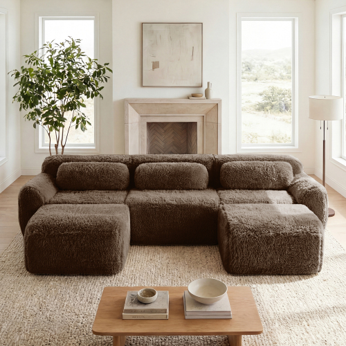 Chocolate Plush U-Shaped 3-Seat Sofa, 32D High Density Sponge, Chaise Design