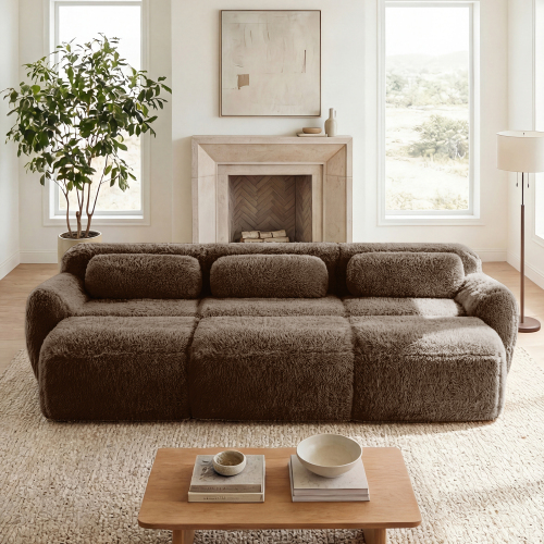 3-Seat Chocolate Plush Sofa with Movable Ottoman and 32D Foam