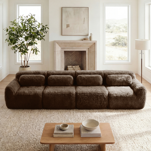 149-Inch Chocolate Plush Boneless Sofa, 4-Seat Modular Design