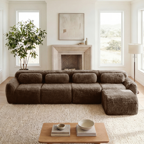Chocolate Plush L-Shaped Modular Sectional Sofa Couch, 4-Seat