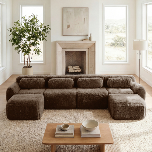 Chocolate Plush 4-Seat U-Shaped Boneless Sofa with Anti-Slip Base
