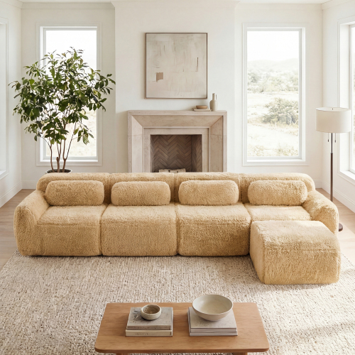 Light Khaki 4-Seat L-Shaped Soft Plush Modular Sectional Sofa
