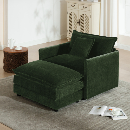 Modern Green Chenille Accent Armchair and Ottoman Set, 1 Seat