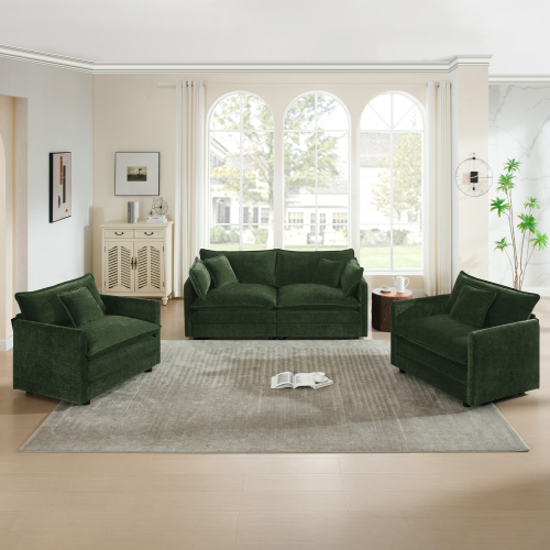 3-Piece 4-Seat Green Chenille Sofa Set with Chairs and Pillows