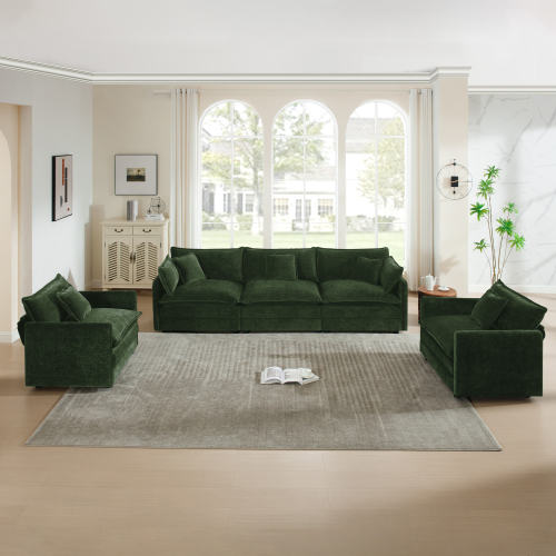 Green Chenille 5-Seat 3-Piece Sofa Set with Chair and Loveseat