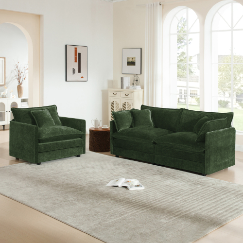 Green Chenille 3-Seat Loveseat and Accent Chair Living Room Set