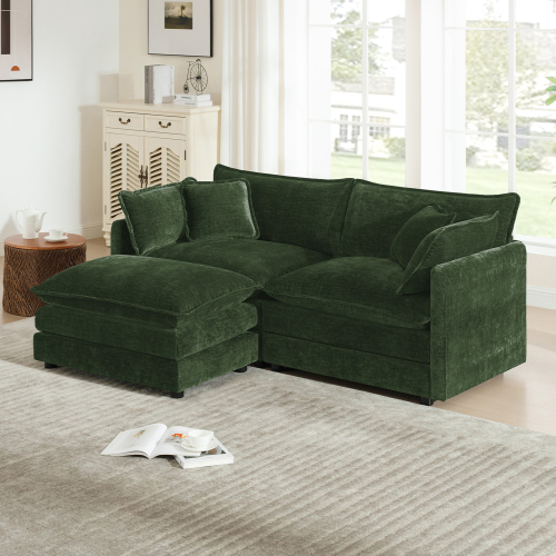 Green Chenille 2-Seater L-Shaped Loveseat Sofa with Ottoman