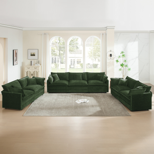 3-Piece 7-Seat Living Room Sofa Set, Green Chenille Upholstery