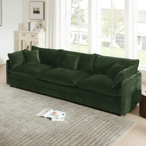 Green Chenille Mid-Century Modern 3-Seat Sofa with Toss Pillows