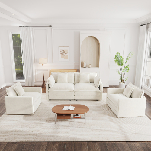 4-Seat Acrylic 3-Piece Sofa Set in American White Oak with Pillows