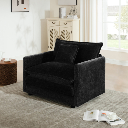 Comfy Deep Black Chenille Single-Seat Sofa Chair with Toss Pillow