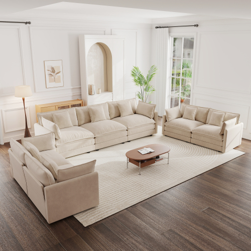 3-Piece 7-Seat Sofa Set in Light Coffee Chenille, 2 Loveseats & Sofa