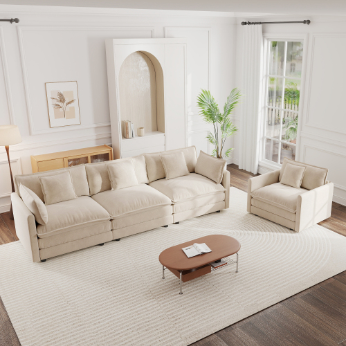 Light Coffee Chenille 4-Seat Upholstered Sofa Set, 2-Piece Modern