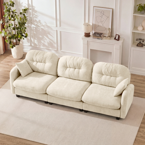 Beige 3-Seat Modular Chenille Sofa with Quilted Pleated Design