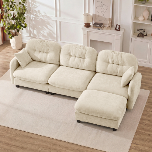 Beige 3-Seat Chenille Modular L-Shaped Sectional with Ottoman