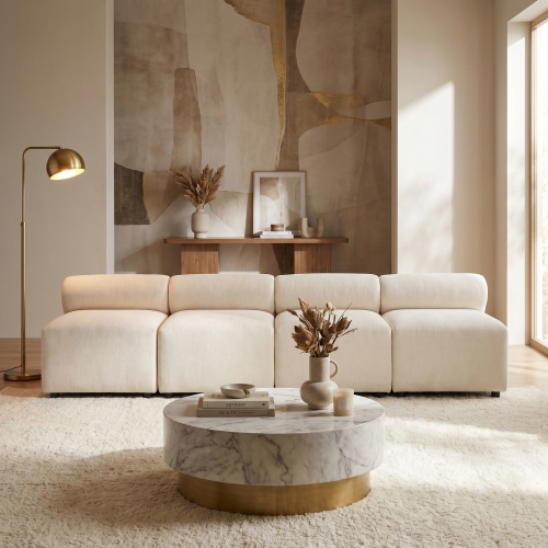 Evelyn 4-Seat Beige Chenille Modular Sectional Sofa, Wood and Fabric