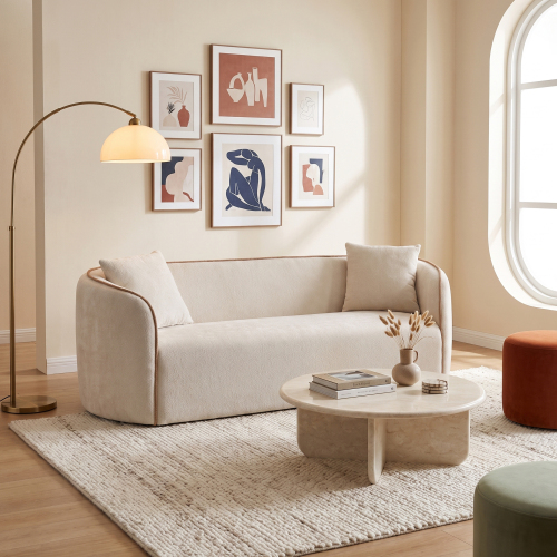 Coral 82-Inch Beige Curved Boucle Sofa, Wood and Fabric, 3-Seat