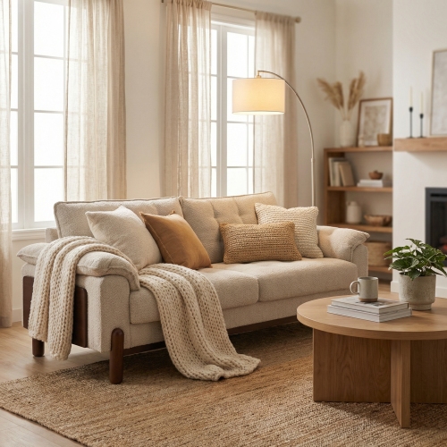 Modern 83.5-Inch Beige Boucle 3-Seat Sofa, Wood and Fabric