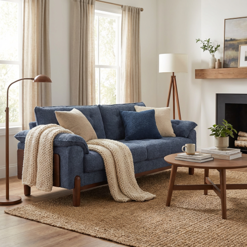 Modern 83.5-Inch Navy Blue 3-Seat Boucle Sofa in Wood and Fabric