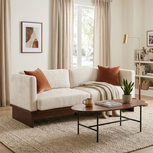 77-Inch Beige Boucle Fabric 3-Seat Sofa with Solid Wood Base