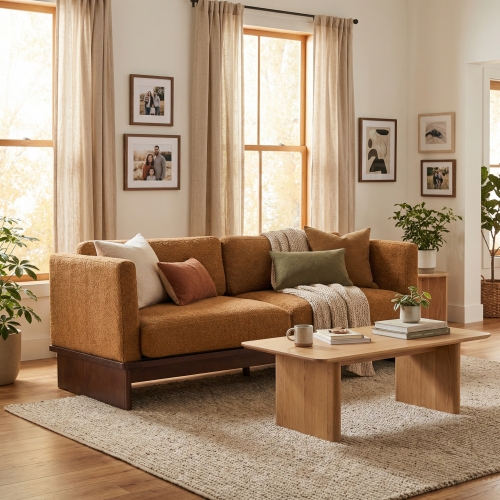 77-Inch Modern Camel Boucle Fabric 3-Seat Sofa with Square Arms