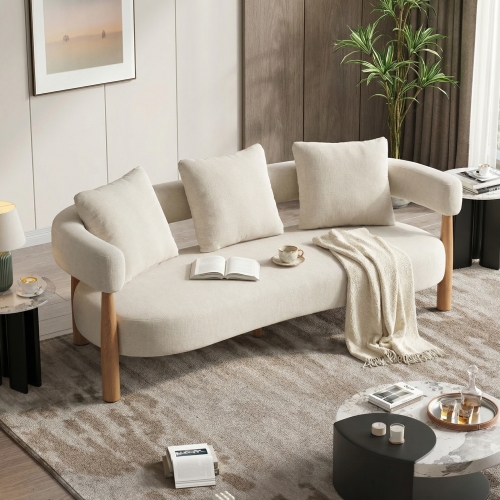 Luxe 76.5-Inch Curved Beige Chenille Fabric Modern 3-Seat Sofa