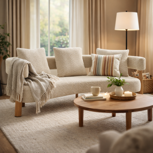 Luxe 76.5-Inch Curved 3-Seat Boucle Fabric Sofa, Sesame Beige