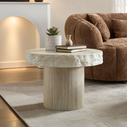 23.82-Inch Beige Fiberglass Round Textural Coffee Table for Living Rooms