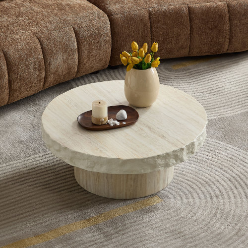 31.69-Inch Beige Faux Mars Textured Round Fiberglass Coffee Table