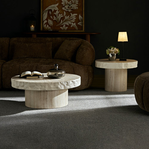 Set of 2 Beige Fiberglass Round Coffee Tables with Textural Pattern