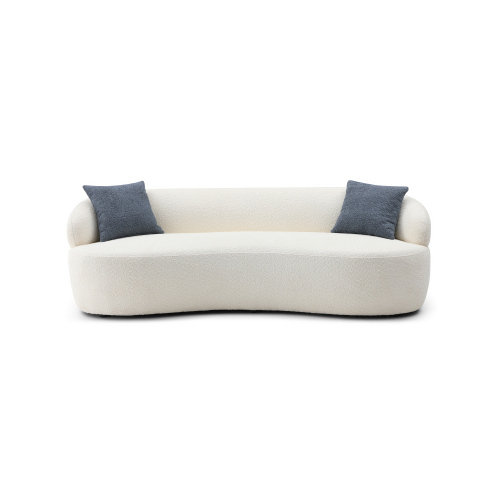 Beige Boucle Upholstered 3-Seat Curved Mid-Century Modern Sofa