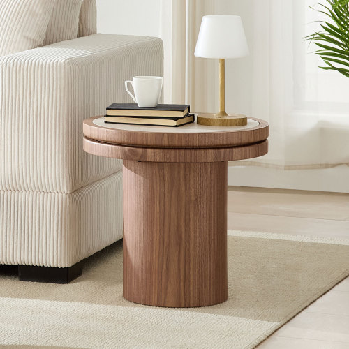 19.49-Inch Walnut Round MDF Side Table with Sintered Stone Top