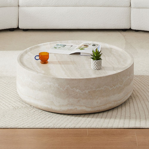 35.43-Inch Round Marble-Look Fiberglass Coffee Table, No Assembly