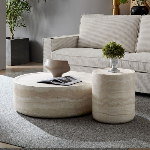 Set of 2 Marble-Finish Fiberglass Round Coffee Tables, 35.43-Inch