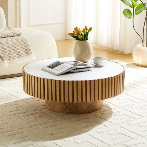 35.43'' Brown Round Nesting MDF Coffee Table with Sintered Stone Top