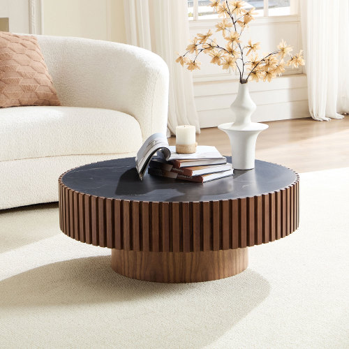 35.43-Inch Brown MDF Round Nesting Coffee Table with Sintered Stone Top