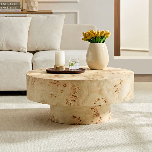 35.43-Inch Natural MDF Round Coffee Table with Pedestal Base